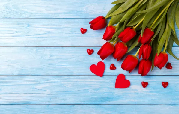 Picture love, bouquet, hearts, tulips, red, red, love, wood, flowers, romantic, hearts, tulips, valentine's day