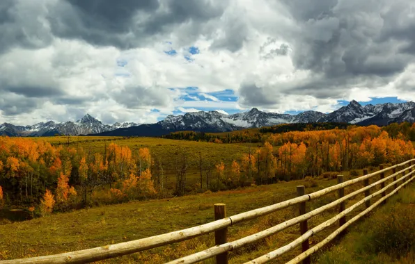 Picture field, autumn, mountains, the fence, pasture, the fence