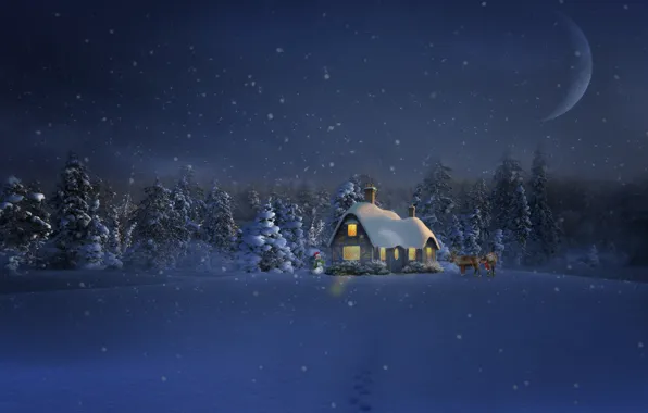 Picture winter, forest, snow, traces, ate, house, snowman, deer, Sergei Kinds, Sergii VIdov