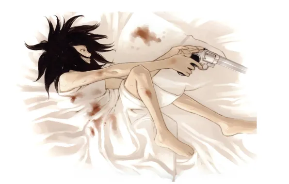 Picture gun, spot, black hair, on the bed, bloody, obsessed, by Yuusuke Kozaki, Kyoko Karasuma no …