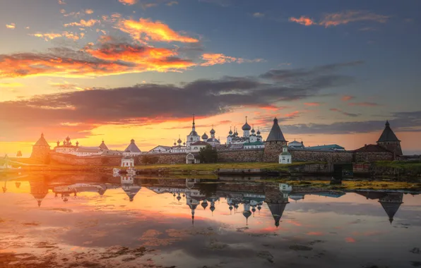 Picture clouds, nature, reflection, river, dawn, Church, Solovetsky monastery, Eduard Gordeev