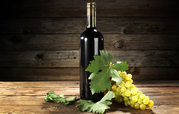 Picture leaves, table, background, wall, wine, Board, bottle, grapes, bokeh
