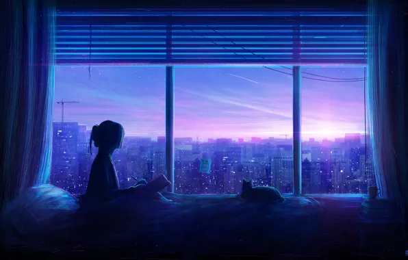 Picture cat, girl, the city, interior, twilight, by RicoDZ