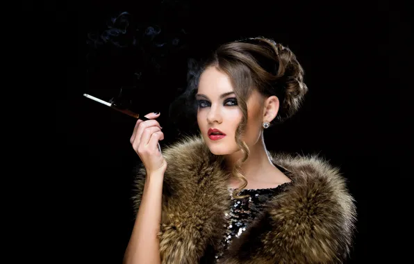 Picture look, girl, style, retro, hand, makeup, hairstyle, cigarette, fur, vintage, manicure, Sergejs Rahunoks