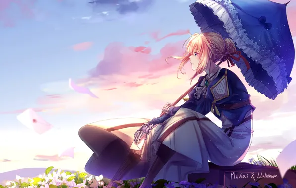 Picture sadness, umbrella, suitcase, wildflowers, violet, blue sky, ruffles, pink clouds, letters, iron hand, Violet Evergarden