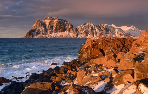 Picture winter, sea, snow, landscape, sunset, mountains, nature, stones, rocks, the evening, Norway, The Lofoten Islands, …