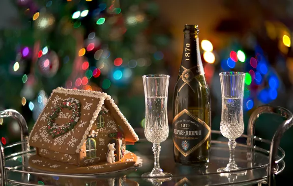 Picture holiday, bottle, new year, glasses, champagne, table, bokeh, gingerbread house