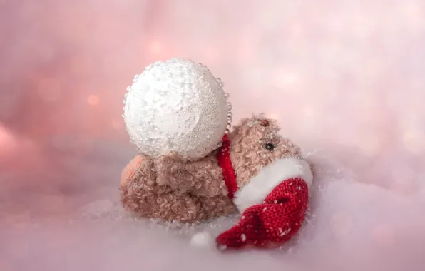 Picture winter, snow, pose, holiday, toy, ball, bear, Christmas, bear, New year, lies, bear, pink background, …