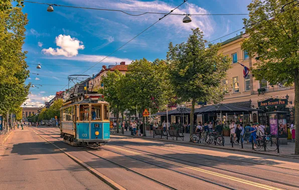 Picture road, the sky, clouds, trees, street, tram, Sweden