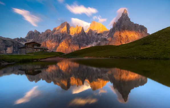 Picture clouds, mountains, lake, house, reflection, shore, slope, house, blue sky, symmetry, The Dolomites, mirror