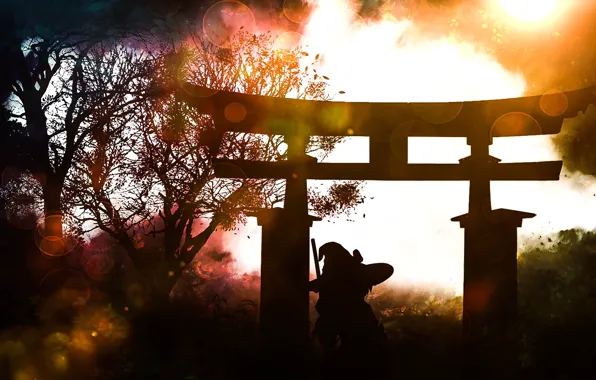 Picture girl, the sun, nature, torii, Touhou Project, Marisa Kirisame, by Akyuun
