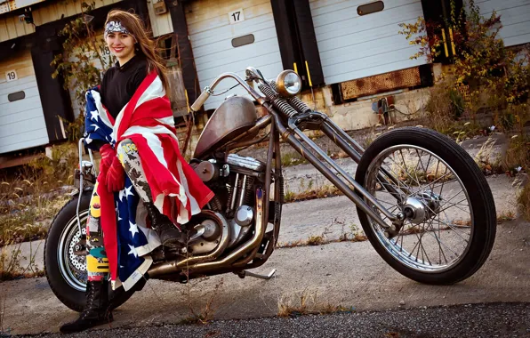 Picture chopper, motorcycle, model, american flag, Katerina, American Girl