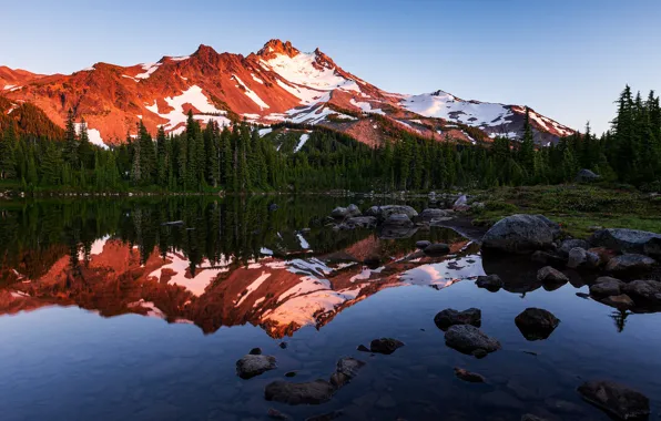 Picture forest, the sky, water, trees, mountains, lake, reflection, stones, rocks, Oregon, Mt. Jefferson, Jefferson Park