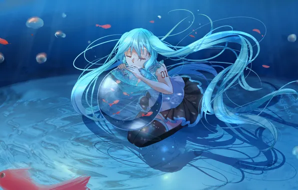 Picture water, girl, fish, ball, Hatsune Miku, Vocaloid, Vocaloid, under water, Hatsune Miku