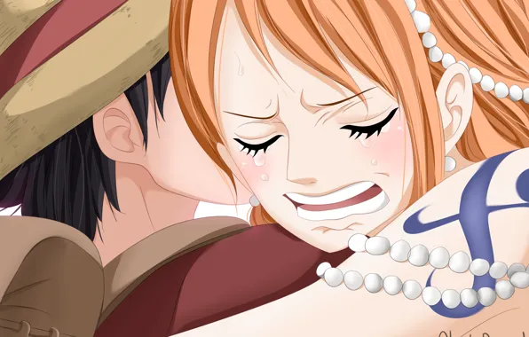 Picture girl, guy, two, One Piece, tears, hugs