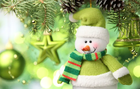 Picture lights, green, smile, holiday, hat, toy, star, ball, scarf, Christmas, New year, snowman, tree, needles, …