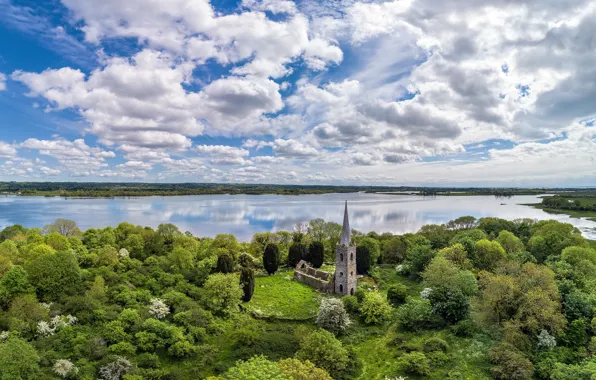 Picture the sky, clouds, trees, nature, river, view, height, Church, panorama, UK