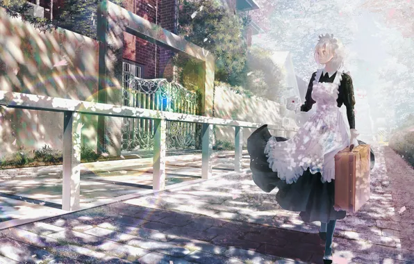 Picture letter, fence, gate, suitcase, the sidewalk, uniform, Sunny day, the maid, the maid, city street