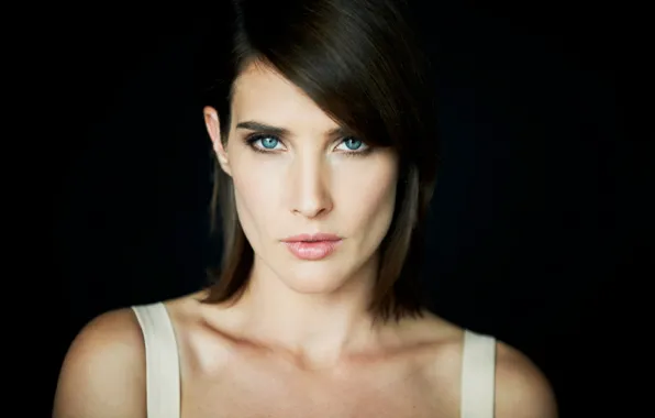 Picture eyes, lips, look, actress, dark background, Cobie Smulders