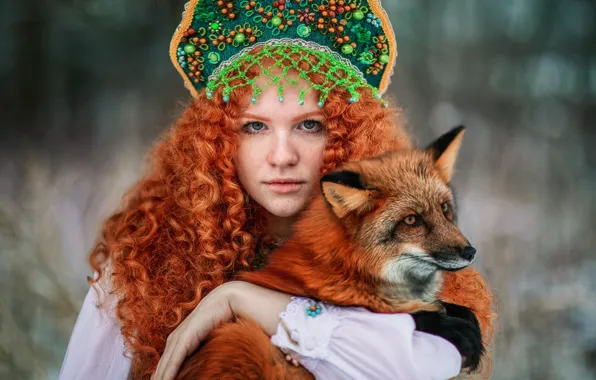 Picture look, girl, face, hair, Fox, freckles, red, curls, redhead, kokoshnik, by Александра Савенкова, Софья Раксеева