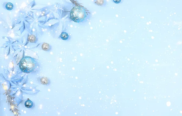Picture leaves, background, holiday, blue, color, Christmas, New year, snowfall, composition, Christmas tree balls