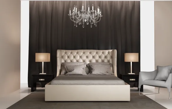 Picture design, bed, interior, chandelier, bedroom