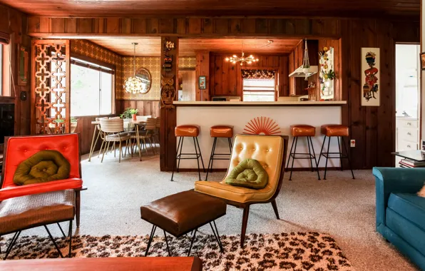 Picture design, interior, kitchen, retro style, living room, dining room, warm colors, Retro Madmen Home