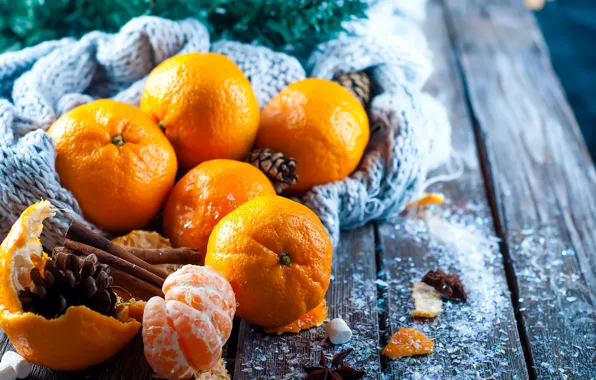 Picture snow, decoration, New Year, Christmas, Christmas, wood, winter, snow, fruit, New Year, tangerines, decoration, tangerine, …