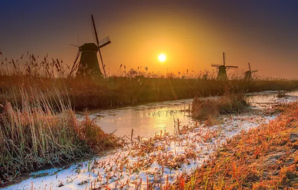 Picture winter, the sun, mill
