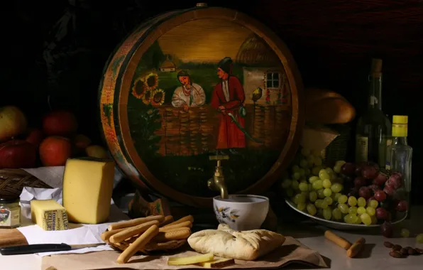 Picture the dark background, wine, apples, bottle, cheese, cookies, grapes, Cup, fruit, still life, items, painting, …