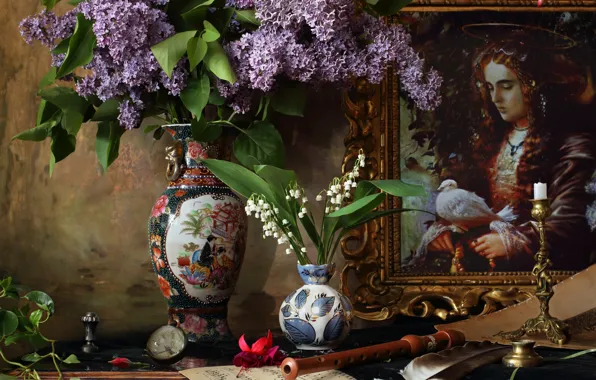 Picture flowers, branches, notes, picture, vase, lilies of the valley, lilac, Dudka, Andrey Morozov