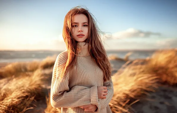 Picture the sun, landscape, model, portrait, makeup, hairstyle, brown hair, beauty, sweater, bokeh, Karolina, Oliver Gibbs