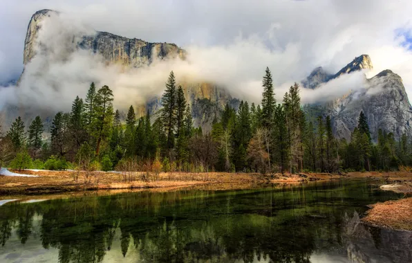 Picture clouds, trees, landscape, mountains, nature, reflection, CA, USA, Yosemite national Park, reserve, The Captain, El …