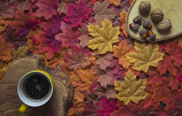 Picture autumn, leaves, background, tree, coffee, colorful, Cup, wood, background, autumn, leaves, cup, coffee, maple