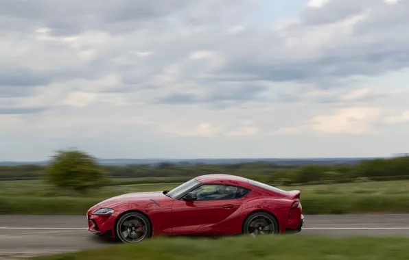 Picture red, coupe, Toyota, side, in motion, Supra, the fifth generation, mk5, double, 2019, UK version, …