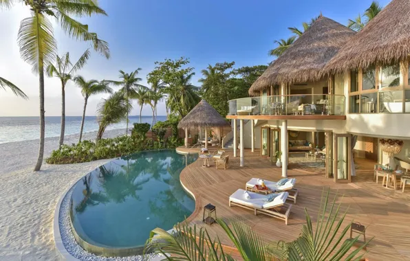 Picture beach, the ocean, Villa, pool, The Maldives, resort, Bungalow, люксус