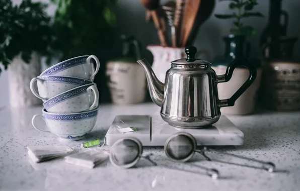 Picture metal, table, tea, kettle, kitchen, Cup, dishes, stack, welding, stand, bokeh, strainer, tea bags