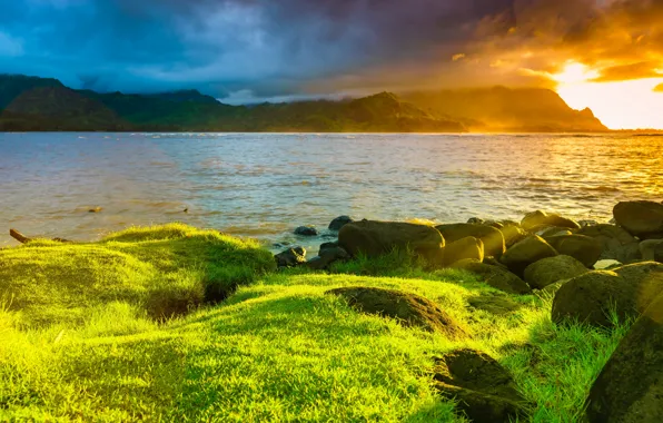 Picture grass, clouds, landscape, mountains, nature, stones, the ocean, shore, island, USA, Kauai, Принсвилл