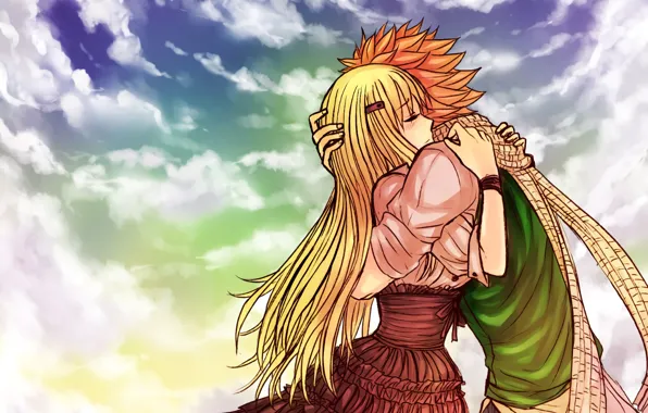 Picture love, romance, The sky, anime, art, pair, Fairy Tail, hugs, Lucy, Natsu Dragneel, Fairy tail