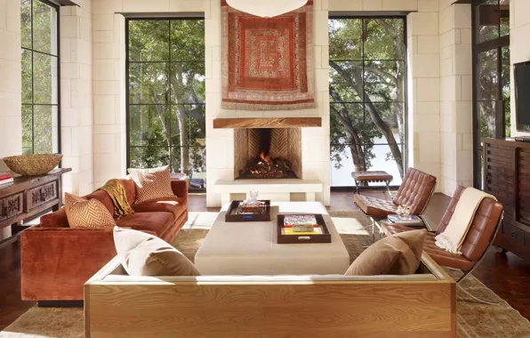 Picture design, style, interior, fireplace, living room, Texas, Живописный дом у озера Остин, Scenic home in …