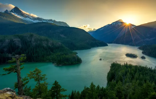 Picture forest, the sun, mountains, lake, view, pond