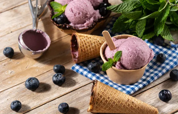 Picture balls, berries, ice cream, mint, blueberries, waffle cone