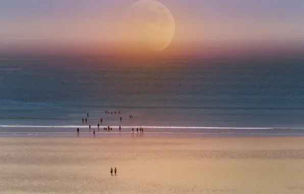 Picture sea, beach, people, collage, The moon, moon, beach, sea, people, collage, Ludmila Shumilova
