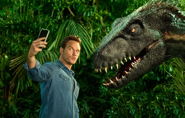 Picture dinosaur, phone, male, Chris Pratt, In Jurassic World Fallen Kingdom