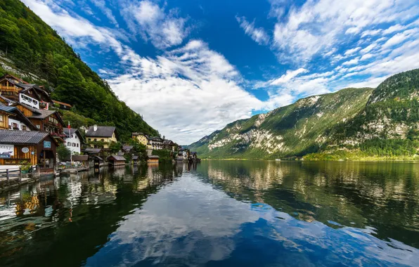 Picture forest, the sky, mountains, lake, reflection, home, Austria, Hallstatt