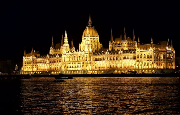 Picture night, river, the building, Hungary, Budapest