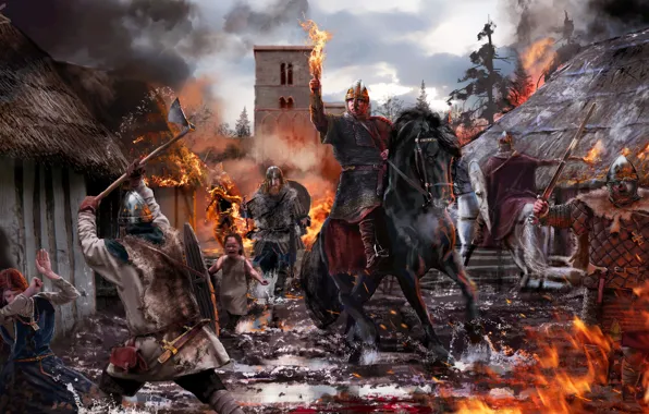 Picture Home, Fire, People, Soldiers, Horse, Норманны грабят округу