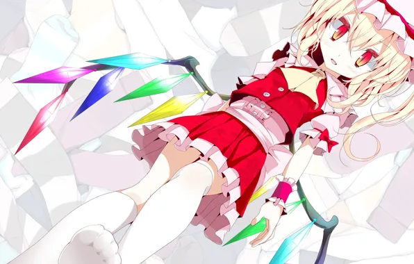 Picture wings, barefoot, crystals, knee, bows, red eyes, cap, vampire, Touhou Project, Flandre Scarlet, Project East, …