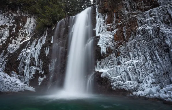 Picture rock, river, waterfall, ice, Washington State, Washington, Snoqualmie River, Река Сноквалми, Водопад Франклин, Franklin Falls