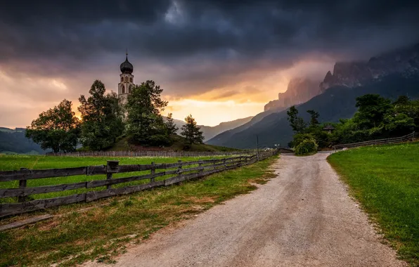 Picture road, the sky, sunset, mountains, Church